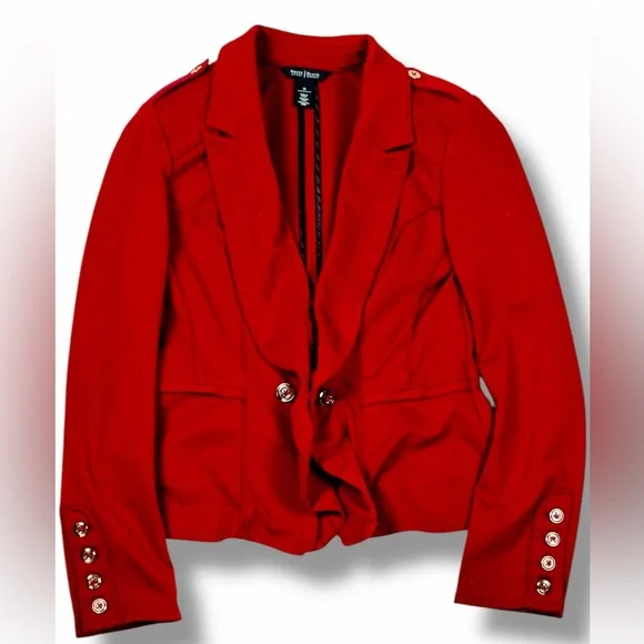 White House Black Market Womens Red Peplum Blazer Jacket Size 10 Gold Button - Picture 6 of 16